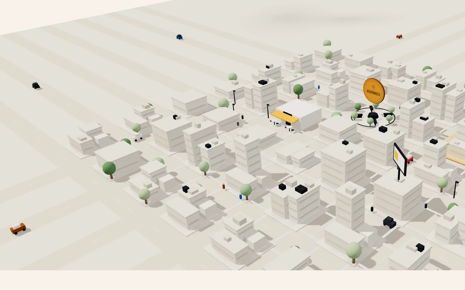 The Adinci stage: a city block with one rented zone, a phone that walks in, and the coins of one view split three ways.